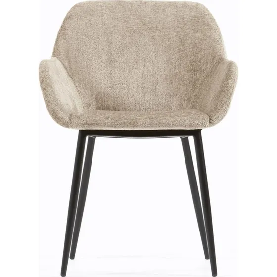 Kave Home Konna spisebordsstol med armlæn, beige chenille og sort stål