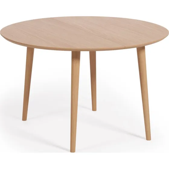 Kave Home Oakland udtrækkeligt spisebord, 120/200 cm, natur egefinér & gummitræ