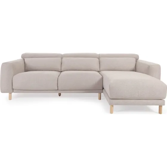 Kave Home Singa 3-pers. sofa med højre chaiselong, beige stof & natur bøgetræ
