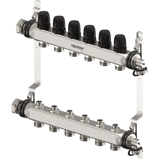 Uponor Vario S fordelerrørsæt 6 kredse, 1" tilgang, rustfrit stål