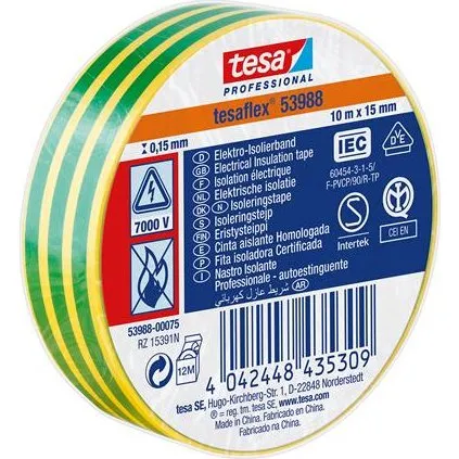 Tesaflex 53988 PVC-isoleringstape Gul/Grøn 10m x 15mm