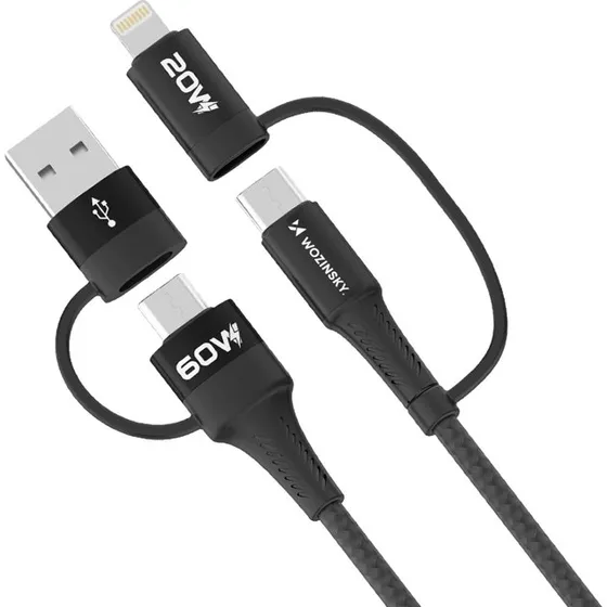 Wozinsky 4-i-1 Kabel: 2x USB-C, USB-A & Lightning, 60W, 1m