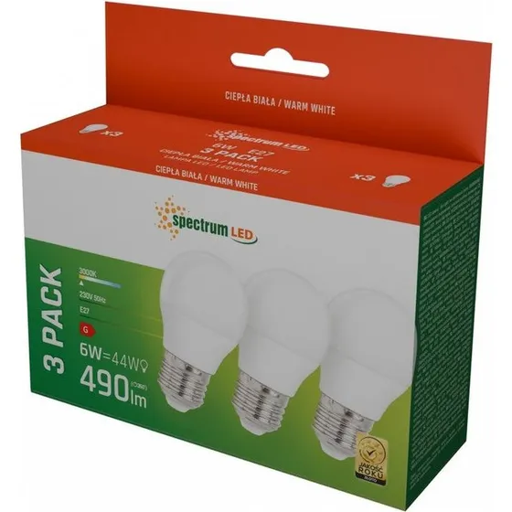 Spectrum G45 LED Kugle Pære 6W E27 - 3-pak, Varm Hvid