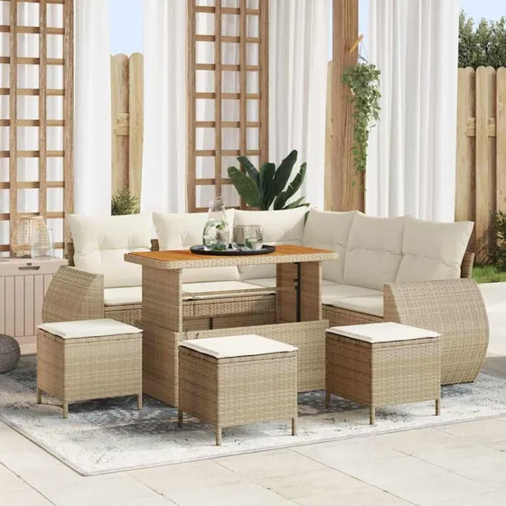 vidaXL Havesofa Sæt 9 stk. Beige Polyrattan med Hæve-sænke-bord
