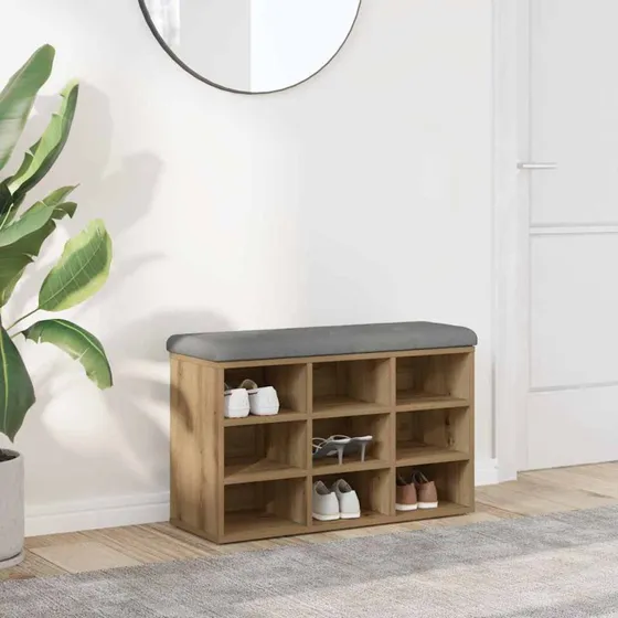vidaXL skobænk 82x32x50 cm i egetræslook med grå hynde