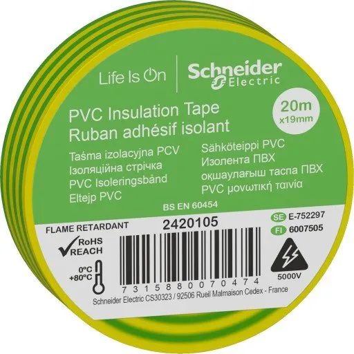 Schneider Electric PVC Isoleringstape, 19 mm x 20 m, Gul/Grøn (8 stk)