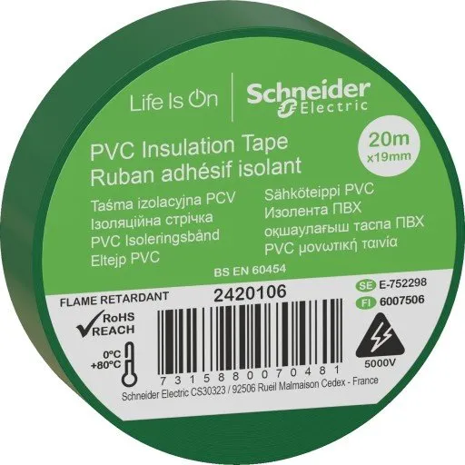 Schneider PVC isoleringstape, 19 mm x 20 m, grøn (8 stk)