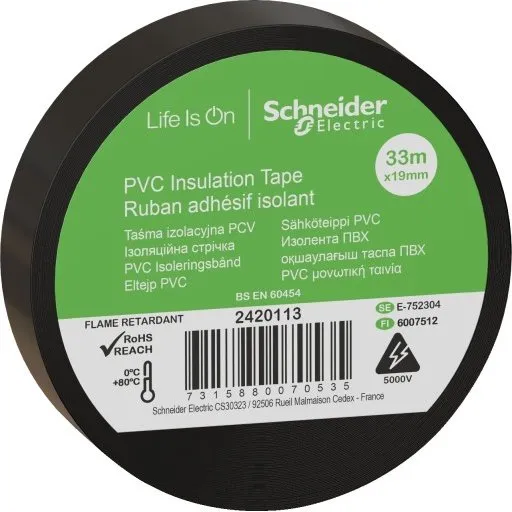 Schneider PVC Isoleringstape, 19 mm x 33 m, Sort (8 stk.)