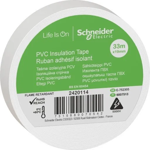 Schneider PVC isoleringstape, 19 mm x 33 m, hvid (8 stk.)