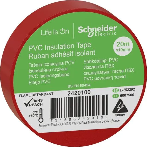 Schneider PVC Isoleringstape, 19 mm x 20 m, rød (8 stk.)