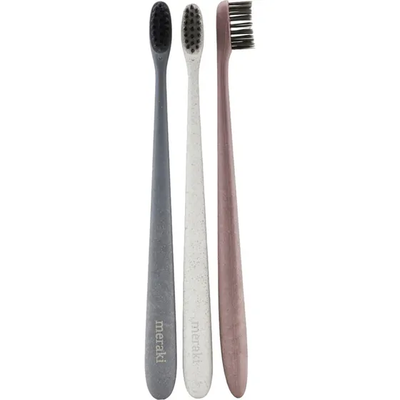 Meraki tandbørster 3 stk. – hvedestrå, soft/medium, grå/hvid/bordeaux