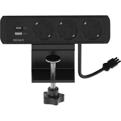 Deltaco bordstikdåse, 3 stikkontakter, USB-A + USB-C, sort