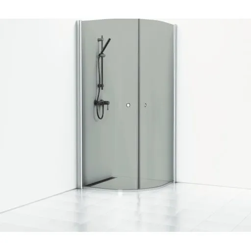 Svedbergs Skoga brusehjørne, 89x89 cm, røgfarvet glas, mat aluminium