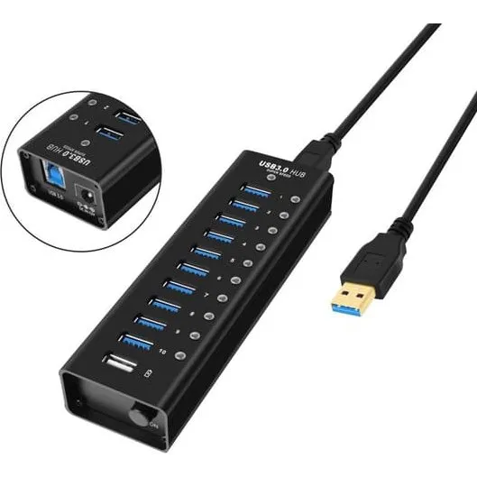 NÖRDIC 11-ports USB 3.0 Hub, 5 Gbps, Sort Aluminium