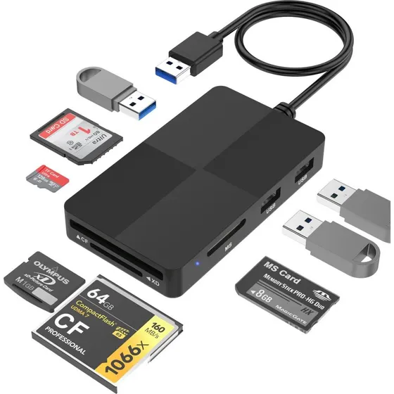 NÖRDIC 8-i-1 USB-A Kortlæser - 5 Slots & 3x USB-A 3.0