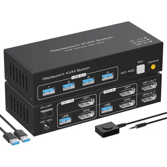 NÖRDIC 2x2 DisplayPort KVM-switch, 8K60Hz/4K120Hz, 4x USB-A