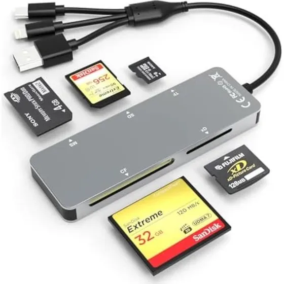 NÖRDIC 5-i-1 Kortlæser: USB-A, USB-C & Lightning (SD, CF, MS, XD)