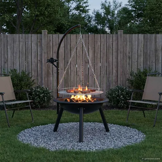 vidaXL Bålsted med justerbar grillrist, sort stål, ⌀55,5 x 107,5 cm