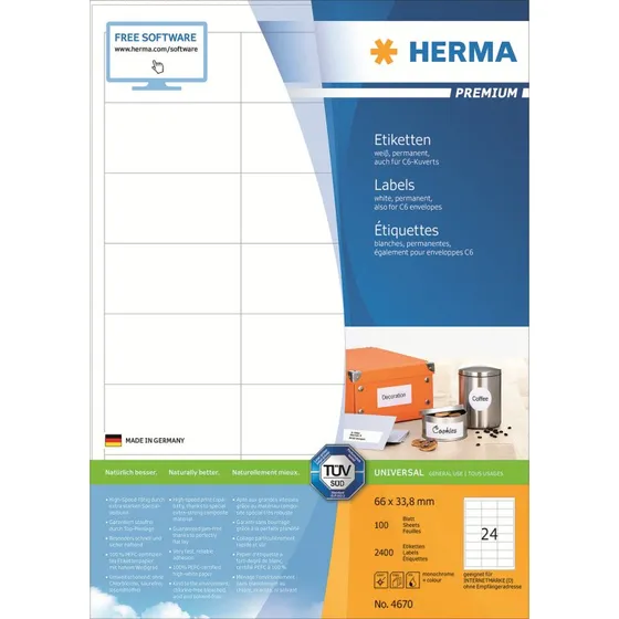 HERMA Premium Laminerede Etiketter 66 x 33,8 mm, 2400 stk.
