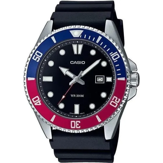 Casio herreur med blå/rød krans og sort gummirem, 46 mm