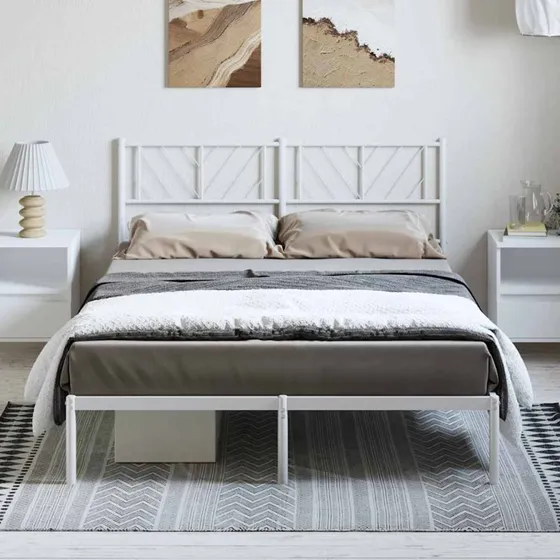 vidaXL sengeramme med sengegavl 135x190 cm i hvidt metal