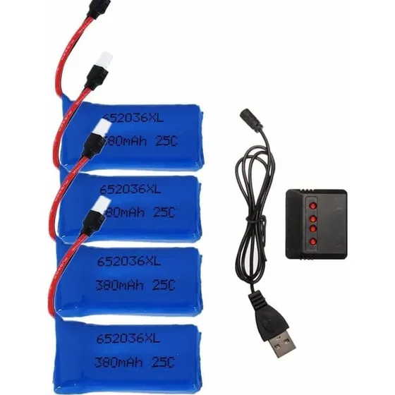 Hubsan 4x 3.7V 380mAh Batterier + Oplader til X4 H107L & V252