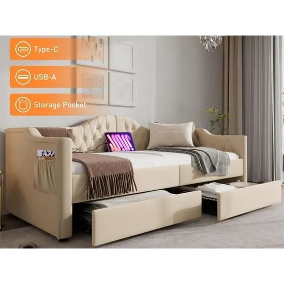 Polstret Daybed med USB-C, skuffer og opbevaring
