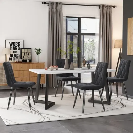 Spisebordssæt 117x68cm med marmorlook og 4 mørkegrå fløjlsstole