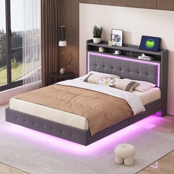 Polstret hør-seng 140x200 cm med USB & LED - Grå