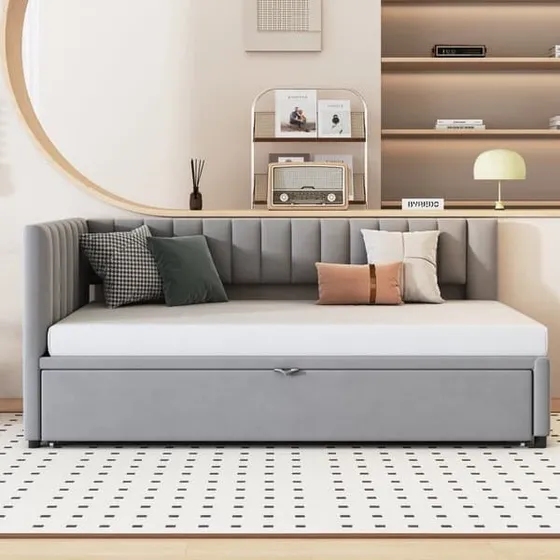 L-formet fløjl sovesofa 90/180x200 cm - Grå