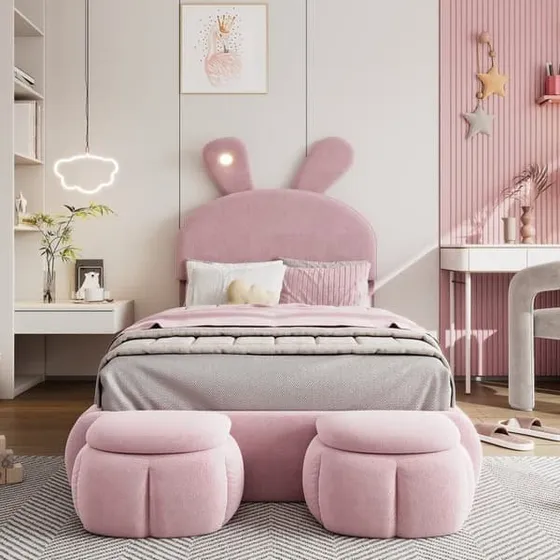 Børneseng 90x200 cm med kaninører og LED-lys – Pink