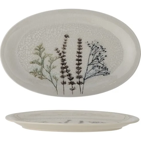 Bloomingville Bea Serveringsfad oval, creme m/ grene, 28,5 cm