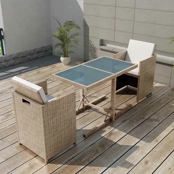 vidaXL bistrosæt 3 dele med hynder i beige polyrattan