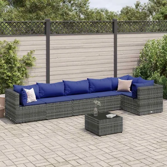 vidaXL loungesæt til haven 7 dele i grå polyrattan med mørkeblå hynder