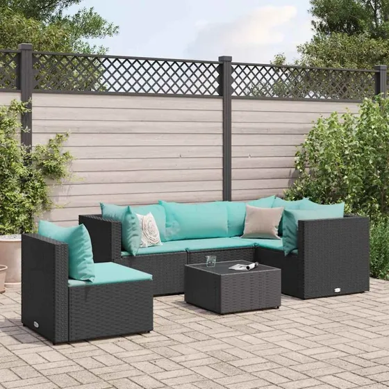 vidaXL loungesæt til haven 6 dele, sort polyrattan med blå hynder