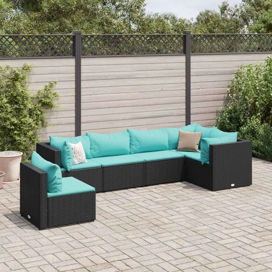 vidaXL loungesæt til haven 6 dele, sort polyrattan med blå hynder