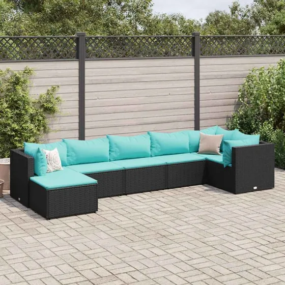 vidaXL loungesæt til haven 7 dele i sort polyrattan med blå hynder