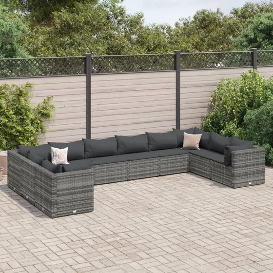 vidaXL loungesæt til haven 10 dele med hynder, polyrattan, grå