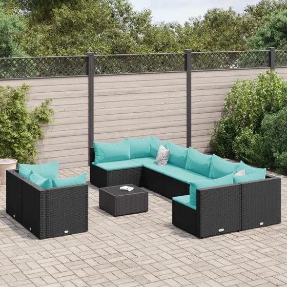 vidaXL havesofasæt i polyrattan, 10 dele, sort med blå hynder