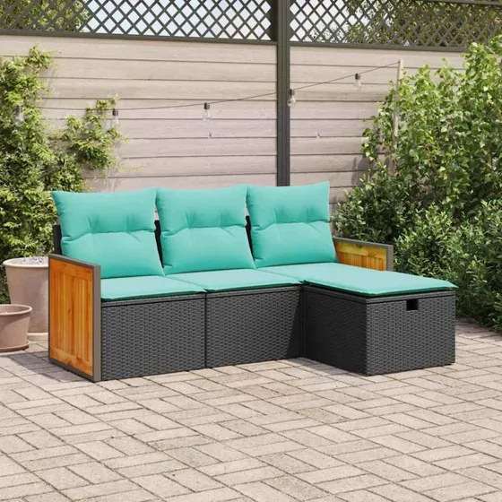 vidaXL havesofasæt 4 dele i sort polyrattan med hynder
