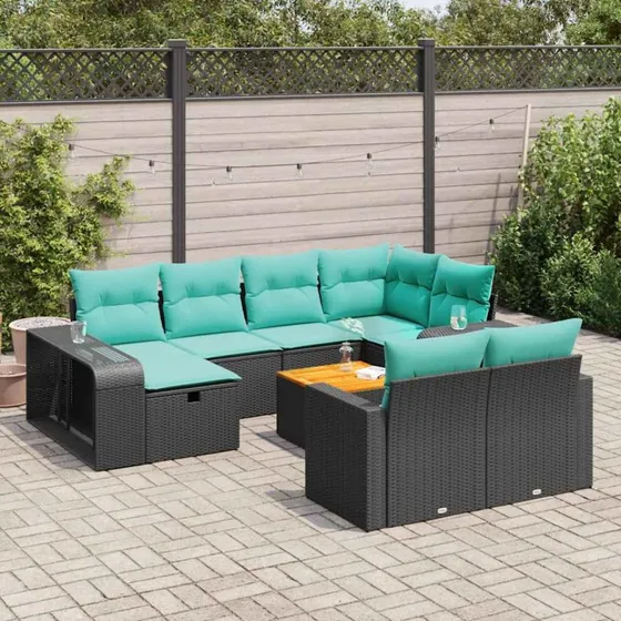 vidaXL havesofasæt i polyrattan, 11 dele, sort med blå hynder