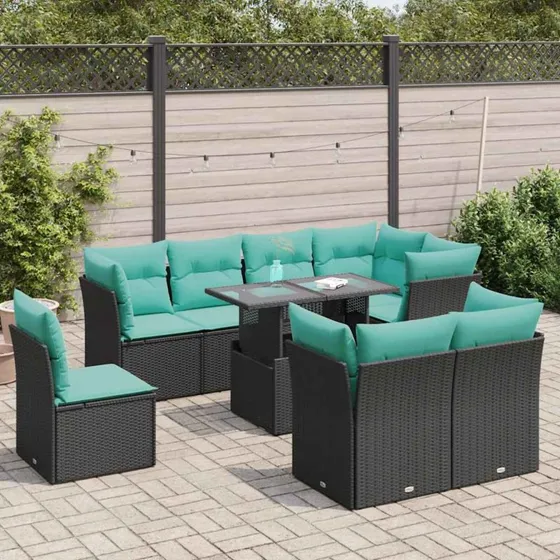 vidaXL Sofasæt til haven 9 dele i sort polyrattan og akacietræ