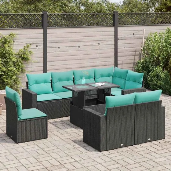vidaXL Sofasæt til haven 9 dele i polyrattan og akacietræ, sort
