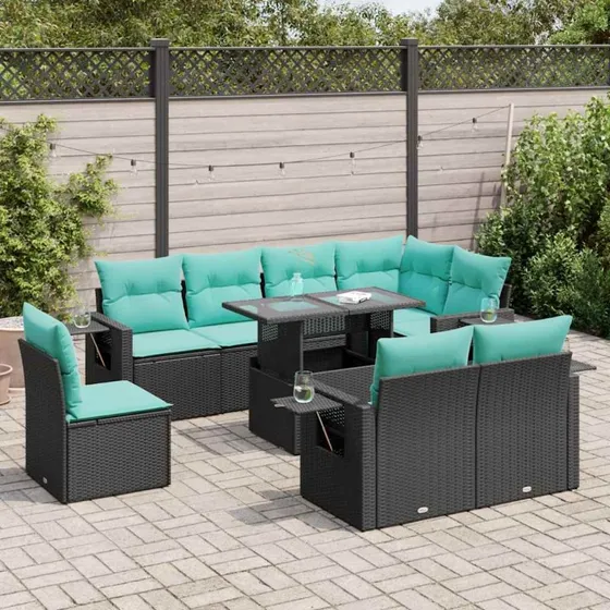 vidaXL Sofasæt til haven 9 dele i sort polyrattan og akacietræ
