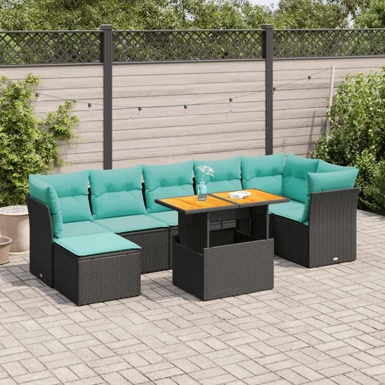 vidaXL havesofasæt 8 dele i sort polyrattan med blå hynder