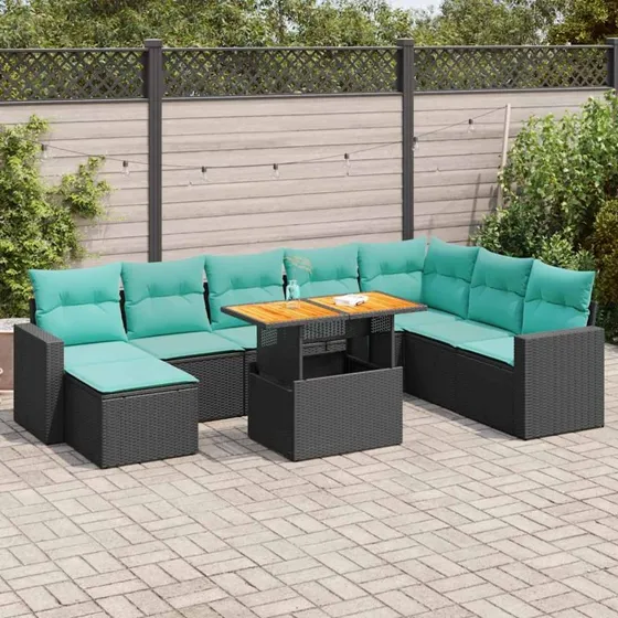 vidaXL havesofasæt 9 dele i sort polyrattan med blå hynder