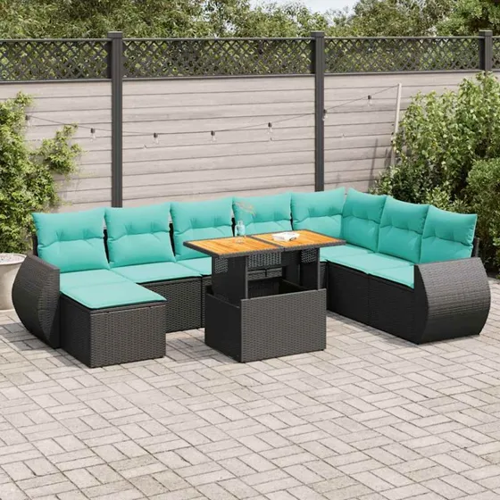 vidaXL havesofasæt 9 dele i sort polyrattan med blå hynder