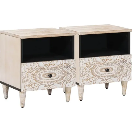 vidaXL Sengekabinett 2 stk. Hvid 40x33x46 cm i Massivt Mangotræ