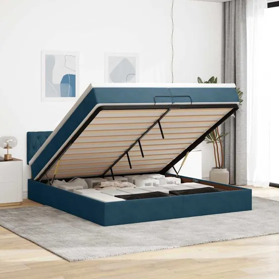 vidaXL Osmannisk sengeramme med madras 200x200 cm, mørkeblå fløjl
