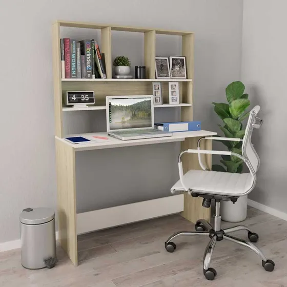 vidaXL Skrivebord med hylder, 110 x 45 x 157 cm, Hvid/Sonoma-eg